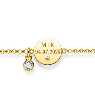 echtgold armband mit gravur initialen und datum und einem diamant anhänger aus ethical diamonds als geburtsschmuck