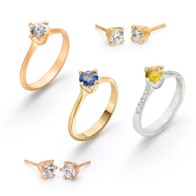 Chaton Kollektion Verlobungsringe mit Diamanten, und nachhaltigen Ohrstecker aus Fairtrade Gold mit Ethical Diamonds oder Fairen Saphiren aus Sri Lanka