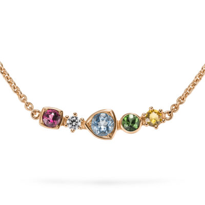 Feine kette mit bunten steinen in Roségold mit Edelsteinen der Diversion Kollektion von Jan Spille Schmuck aus Hamburg