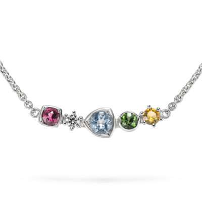 kette mit bunten steinen in Weissgold mit Fairen Farbedelsteinen von Jan Spille Schmuck aus Hamburg