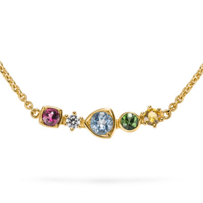 Kette mit Kettenanhänger in Gelbgold mit bunten Edelsteinen der Diversion Kollektion von Jan Spille Schmuck aus Hamburg