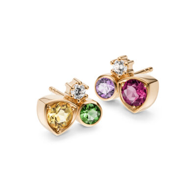 Ein Paar ohrringe mit bunten steinen der Diversity-Kollektion mit Fairen Edelsteinen aus Brasilien in Fairtrade Roségold