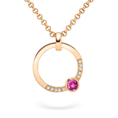 Kette mit Kettenanhänger in 18 kt Roségold mit ethical diamonds und pinkem Fair Trade Saphir aus der Pavé-Kollektion Zeitloser Schmuck