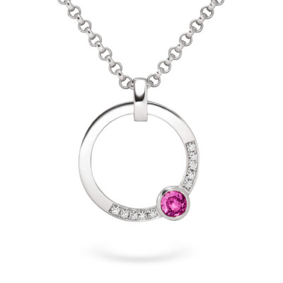 Kette mit Kettenanhänger Pavé-Kollektion in 18 kt Weissgold mit ethical diamonds und pinkem Fair Trade Saphir