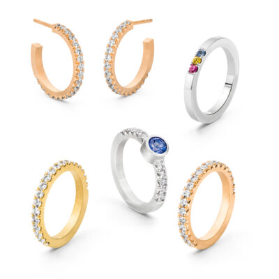 Verschiedene Verlobungsringe im Fischgrät Stil aus Fairmined Gold mit Fairen Diamanten