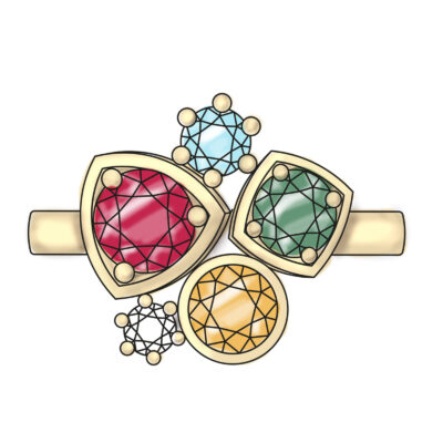 Grafik ring mit bunten steinen in gold
