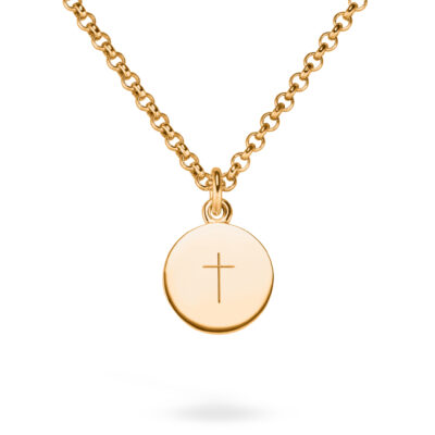 roségold coin kettenanhänger mit symbolen kreuz glaube