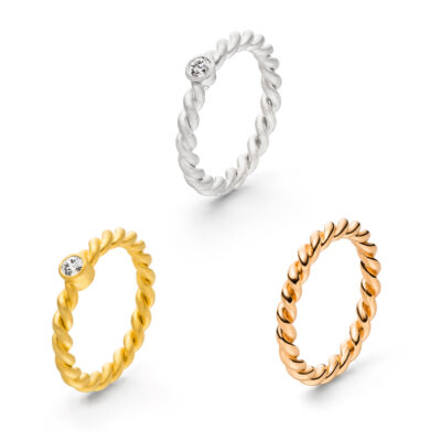 Set aus zeitlosen Ringen mit konfliktfreiem Diamamten der Kordel-Kollektion aus Fairtrade Echtgold von Jan Spille aus Hamburg