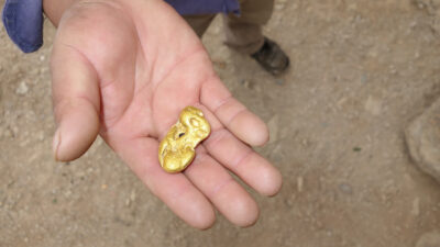 Grosses Naturgold -Nugget wird von Goldwäscher auf einer Hand gezeigt