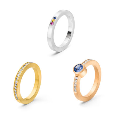 Set von Verlobungsringen mit fair trade Saphir und konfliktfreien Diamanten im Pavé von Schmuckdesigner JAn Spille