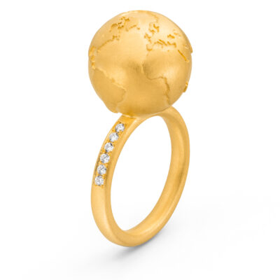 verlobungsring 750er gold mit weltkugel und diamantband von jan spille