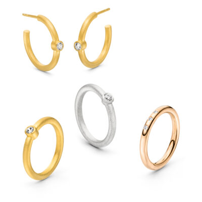 Runde Ohrstecker und runde Verlobungsringe aus Recycling Gold mit konfliktfreien Diamanten in Zargenfassung der Rund Kollektion