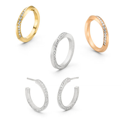 Ganze Twister-Kollektion mit zierliche Verlobungsringe gedreht und Diamant Creolen aus Fairtrade Gold gewickelt mit fairen Diamanten von Schmuckdesigenr Jan Spille